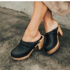 Mia Clogs Elsa Black Leather Braided Wood Heel Slip On Swedish Size 39